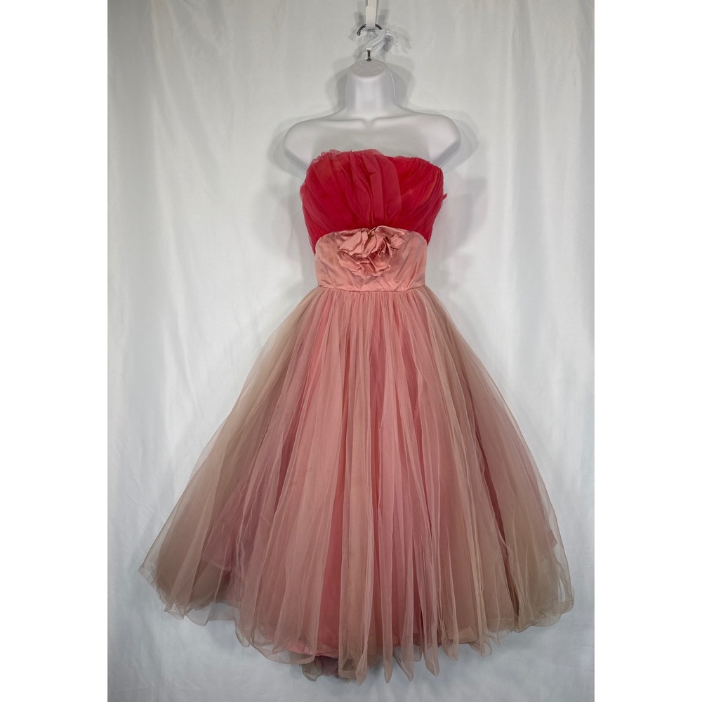 VTG 50s Neiman Marcus Pink Tulle Strapless Prom Party Dress Cupcake XS REPAIRS